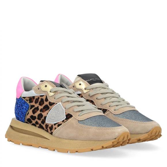 NEW PHILIPPE MODEL women's tropez haute low leo glitter sneaker in beige - Picture 1 of 2